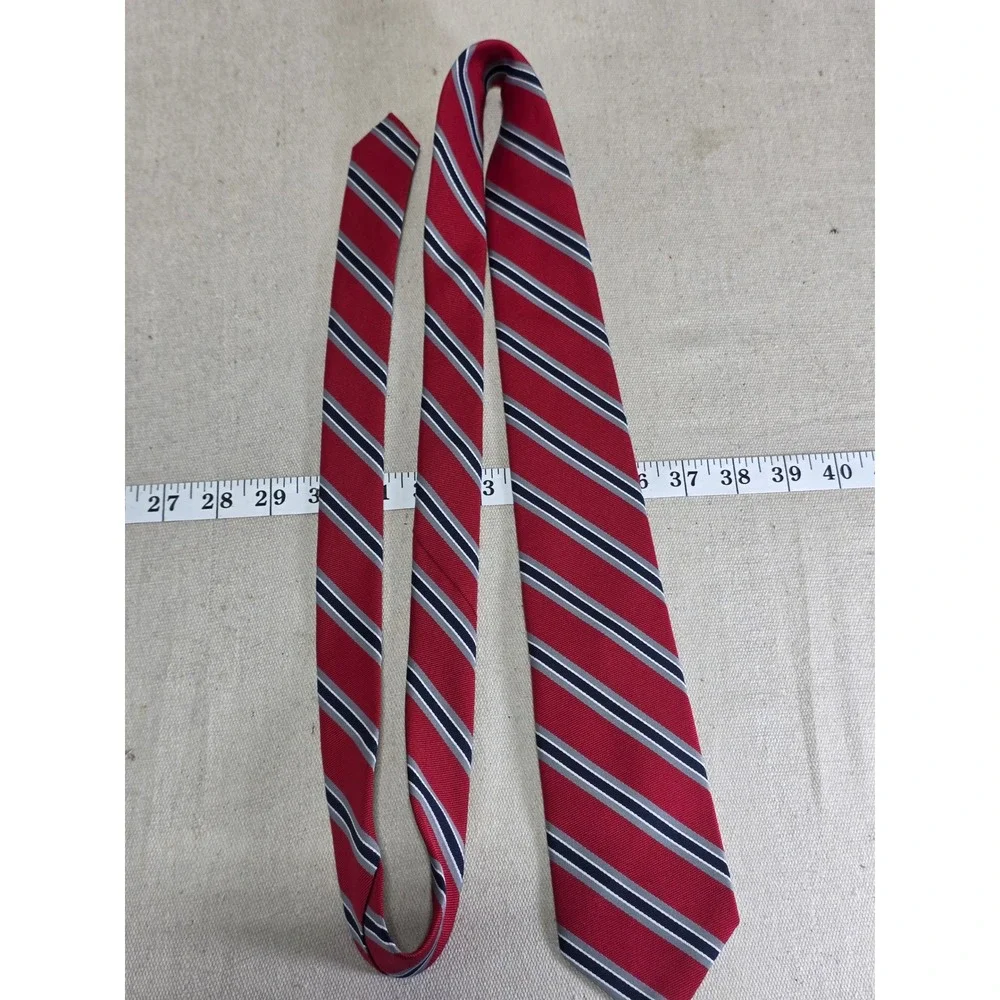 House of Arden Mens Red Navy Blue Silver Striped Silk Blend Necktie 2855